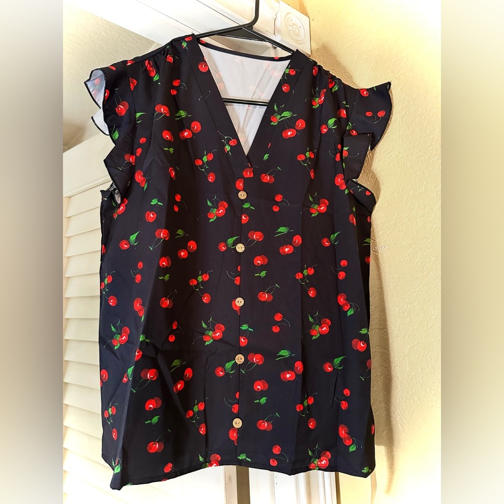 Cherry Print Ruffle Sleeveless Top
